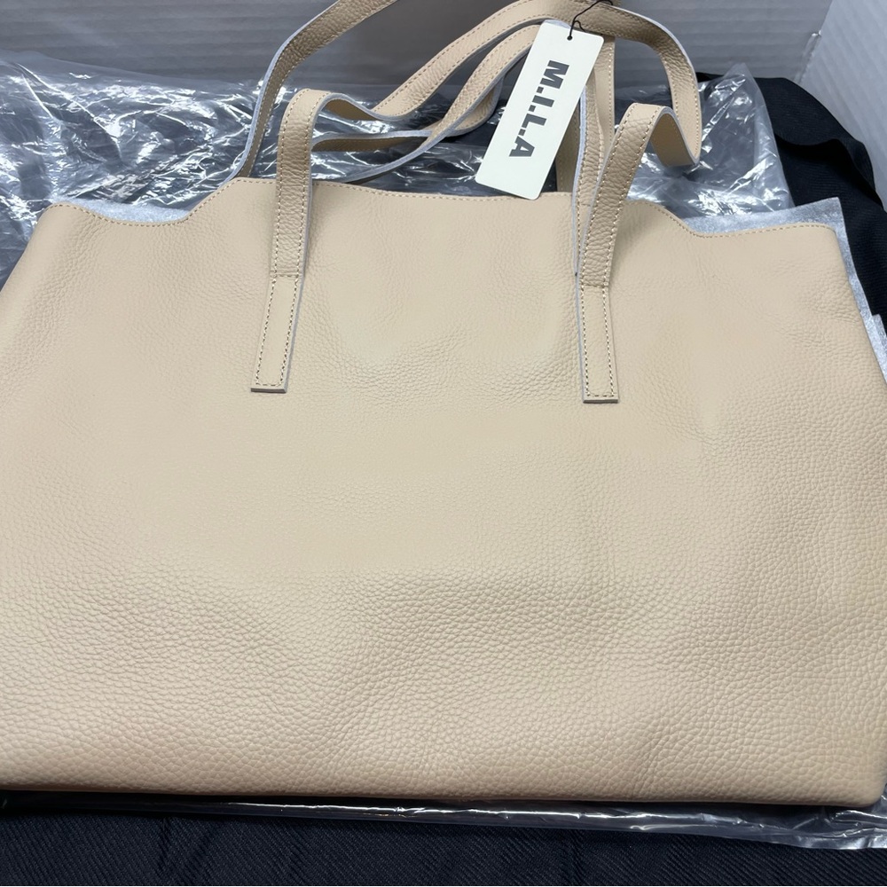 MILA Pebbled Leather Beige Tote